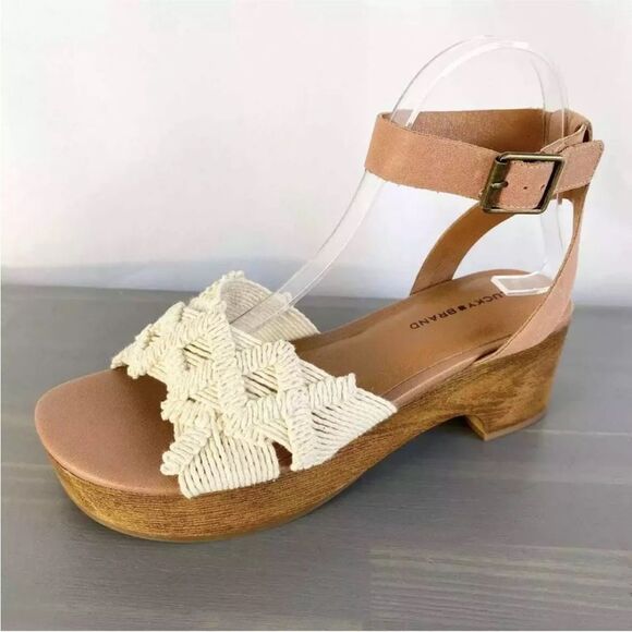 NEW Lucky Brand Sz 9 Famika Platform Sandals Chunky Knit Ankle Strap Leather - Picture 1 of 12